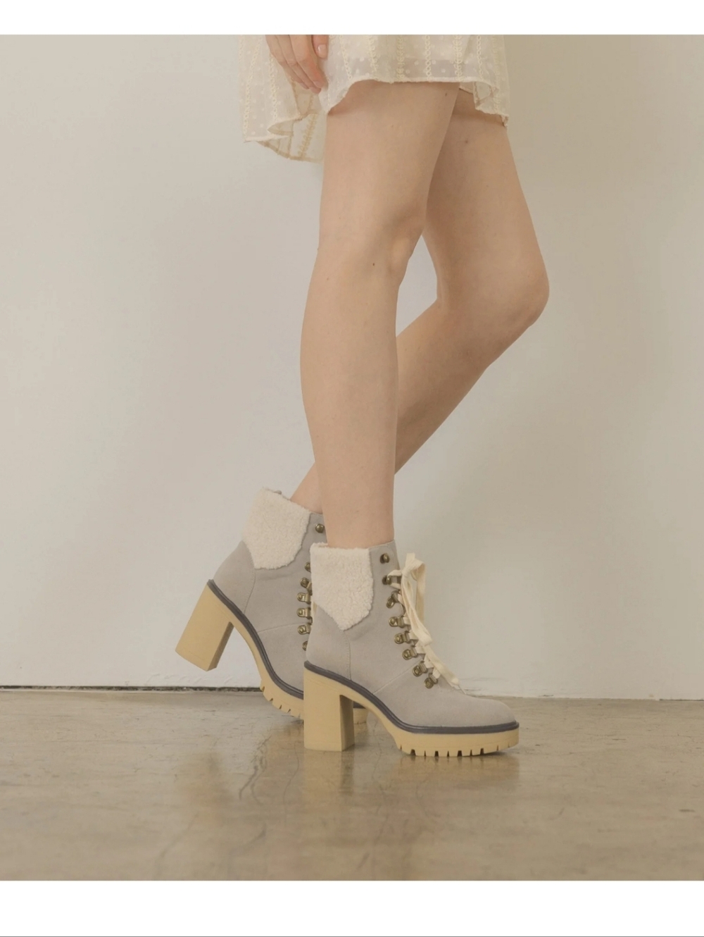 Oasis Society Lace-Up Sherpa Cuff Heeled Boots in Gray - Picture 2 of 6